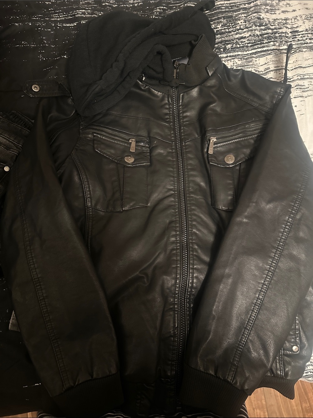 Black Faux Leather Bomber Jacket with Removable Hood